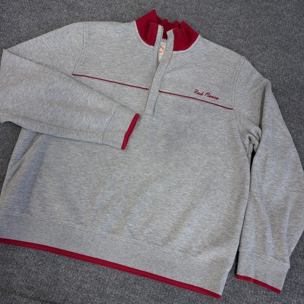 Brooks Brothers Sweatshirt Men XL Gray Red 1/4 Zip Red Fleece Script Logo Mock